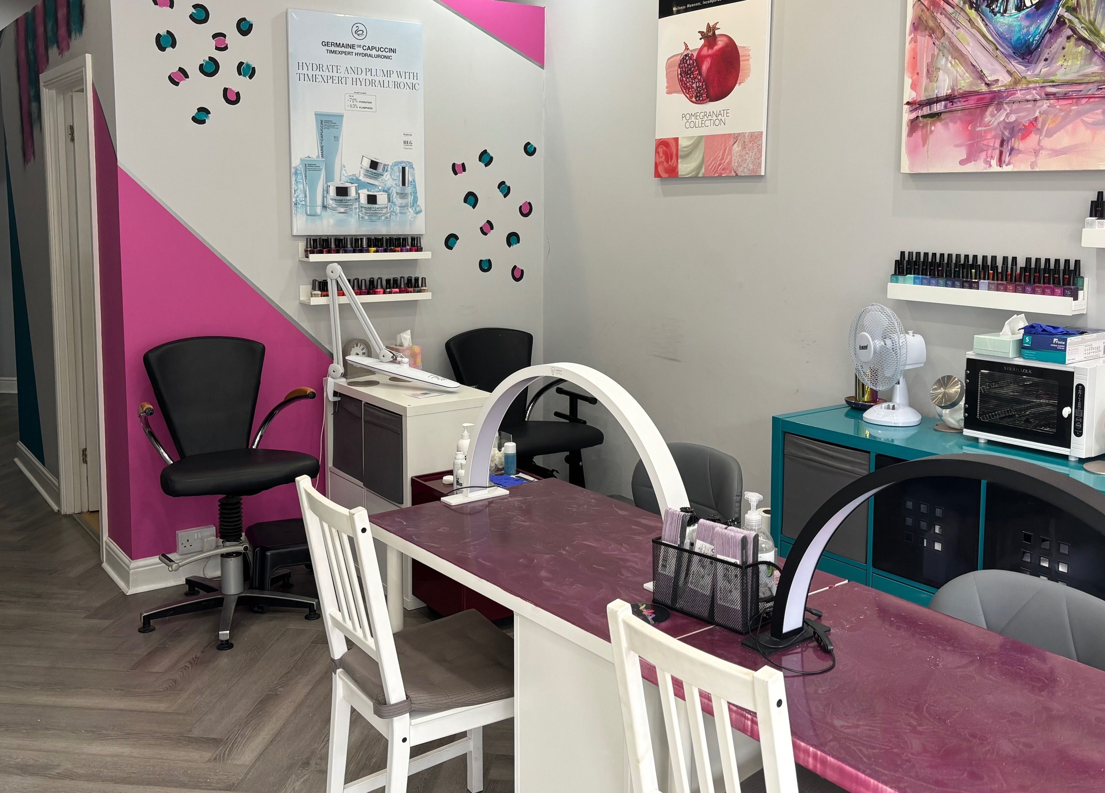 Interior of Rainbows and Dreams Beauty, a vibrant nail salon in Watford, England, GB.