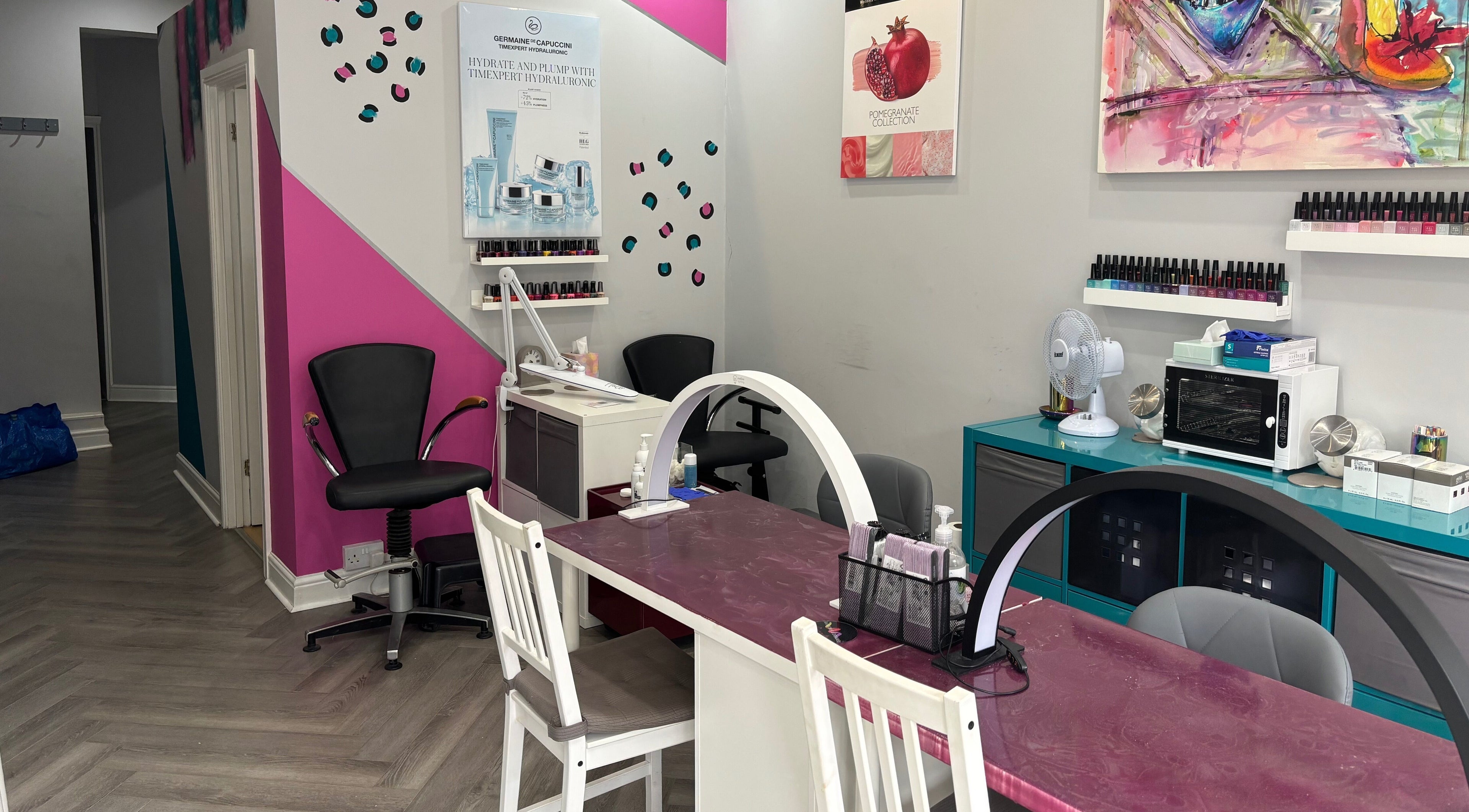 Interior of Rainbows and Dreams Beauty, a vibrant nail salon in Watford, England, GB.