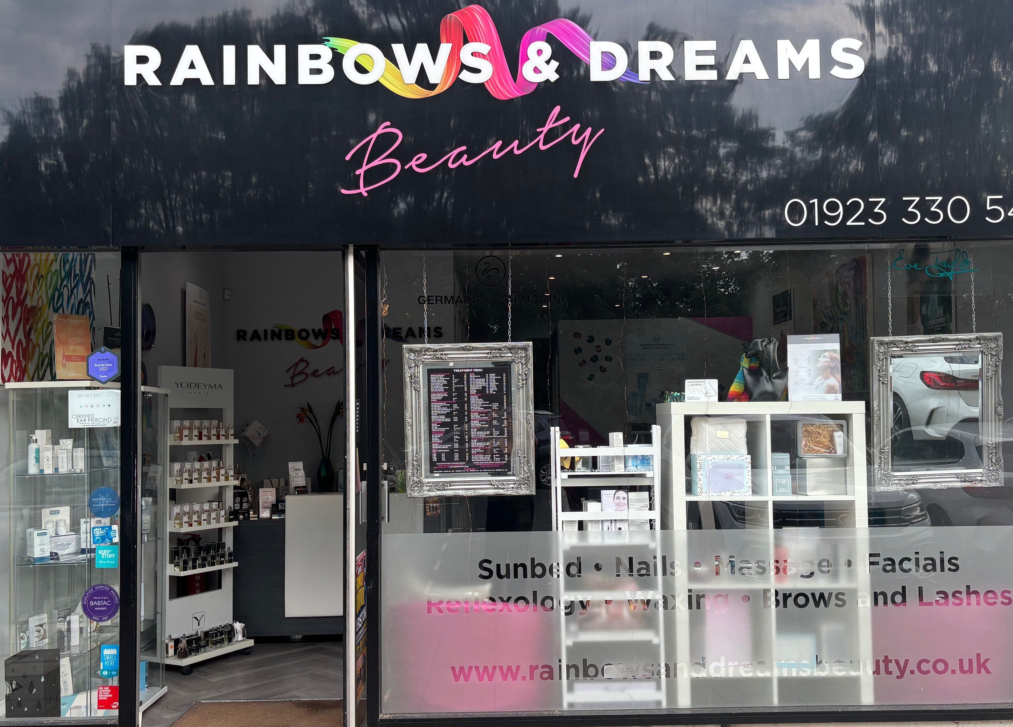 Front view of Rainbows and Dreams Beauty in Watford, England, GB showcasing colorful signage and products.