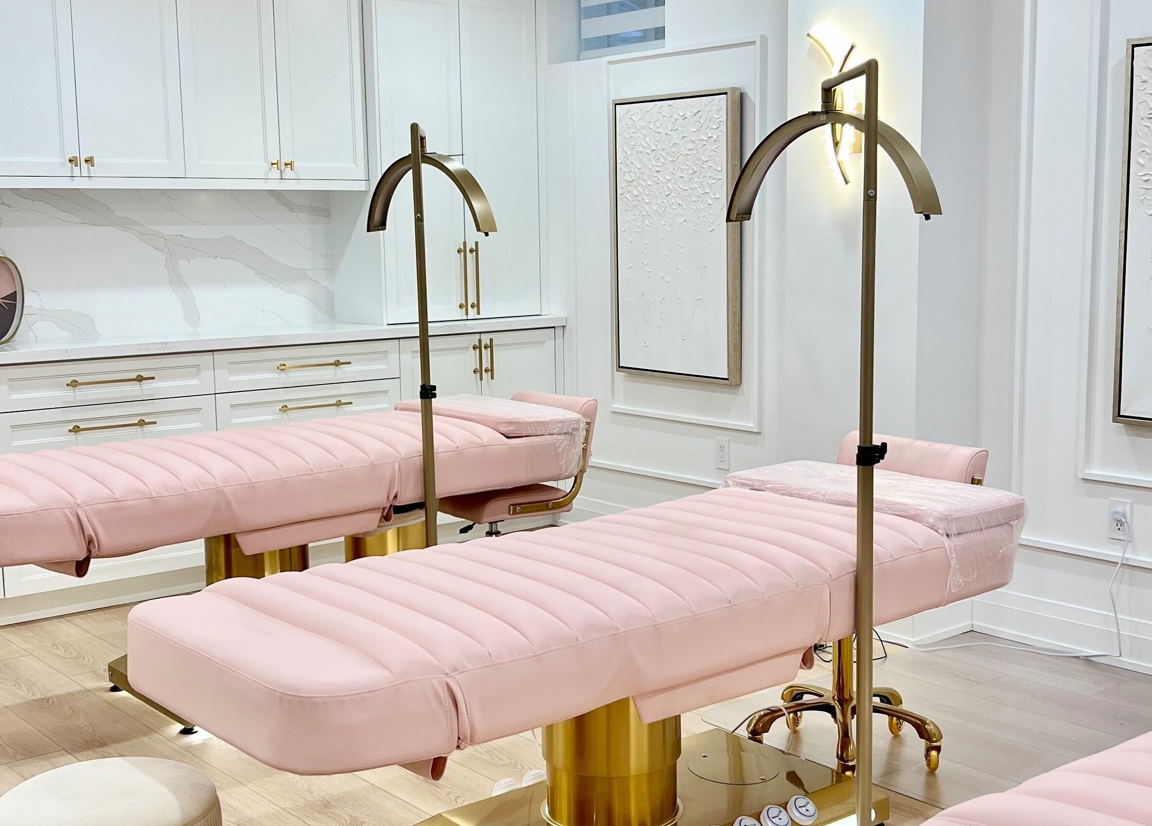 Elegant interior of Lash Layer and Brow Boutique in Pickering, Ontario, CA featuring plush pink treatment beds.