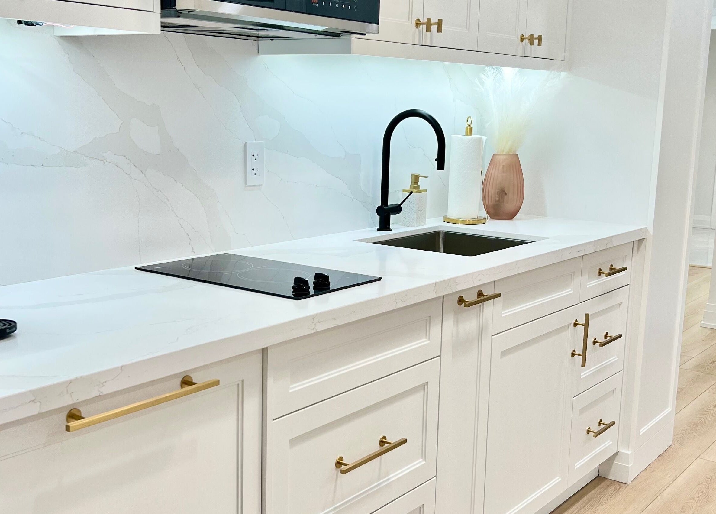 Modern kitchen at Lash Layer and Brow Boutique, Pickering, Ontario, CA with elegant decor and appliances.