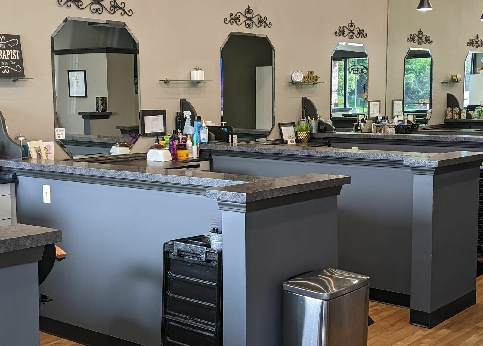 Modern stylist stations at Changes Hair Design, Meridian Charter Township, Michigan, US. Elegant and inviting.