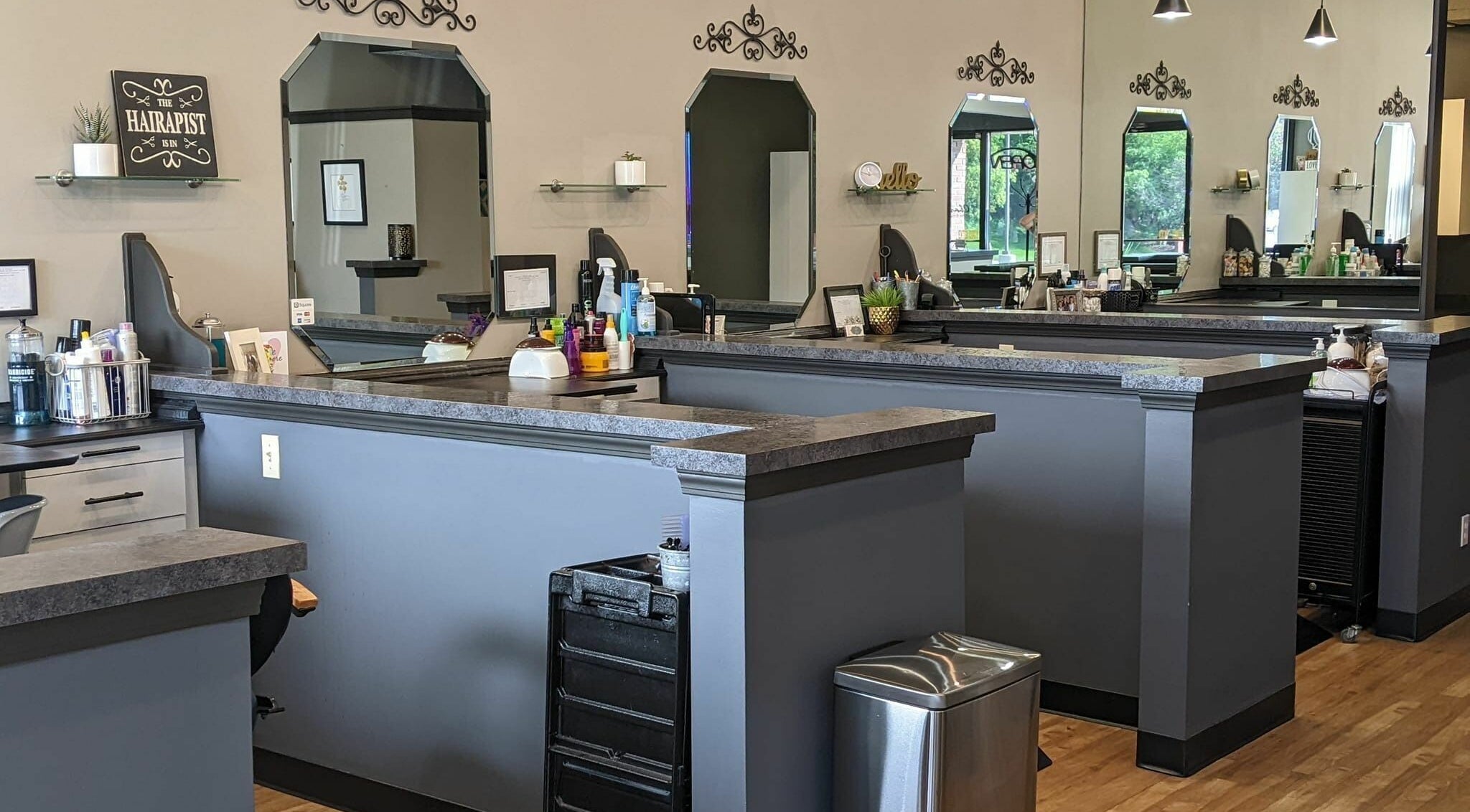 Modern stylist stations at Changes Hair Design, Meridian Charter Township, Michigan, US. Elegant and inviting.