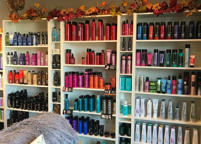 Vibrant hair products display at Changes Hair Design, Meridian Charter Township, Michigan, US.