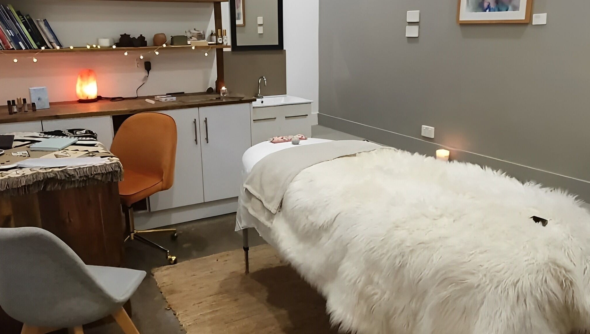 Cozy therapy room at Gisborne Health Essentials, Gisborne, Victoria, AU with fluffy treatment bed and calming decor.