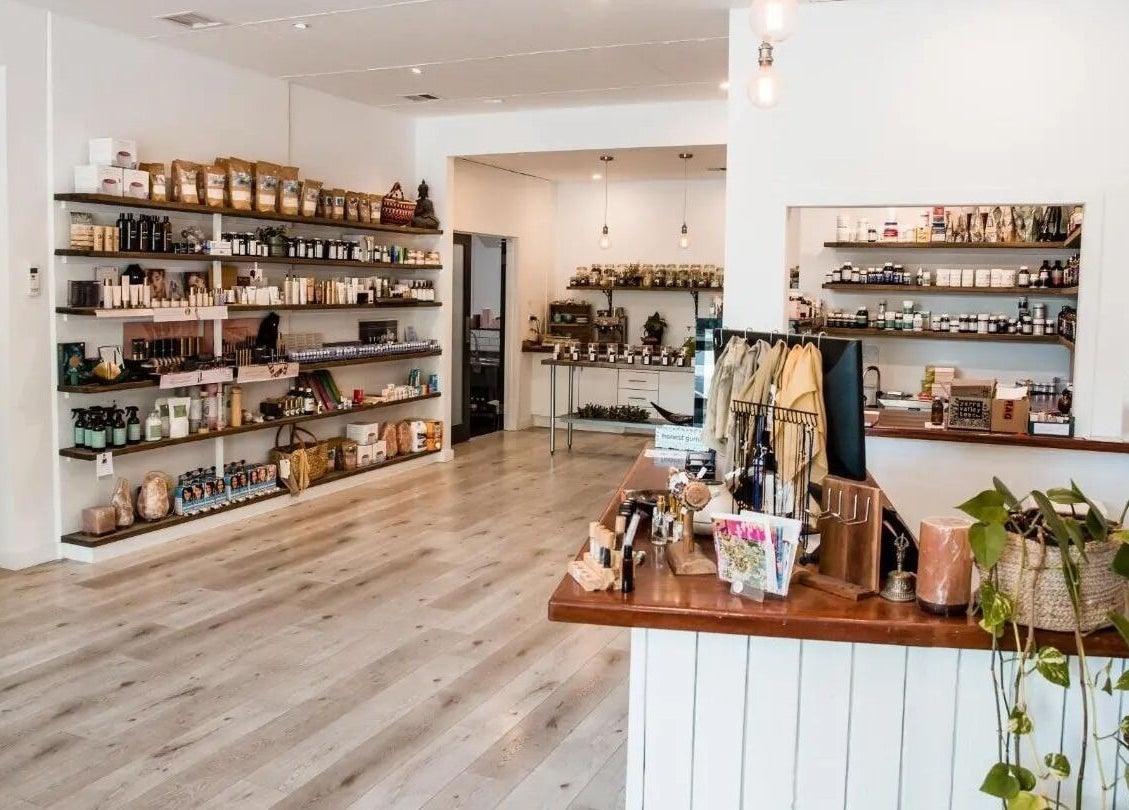 Bright interior of Gisborne Health Essentials, displaying health products on shelves in Gisborne, Victoria, AU.
