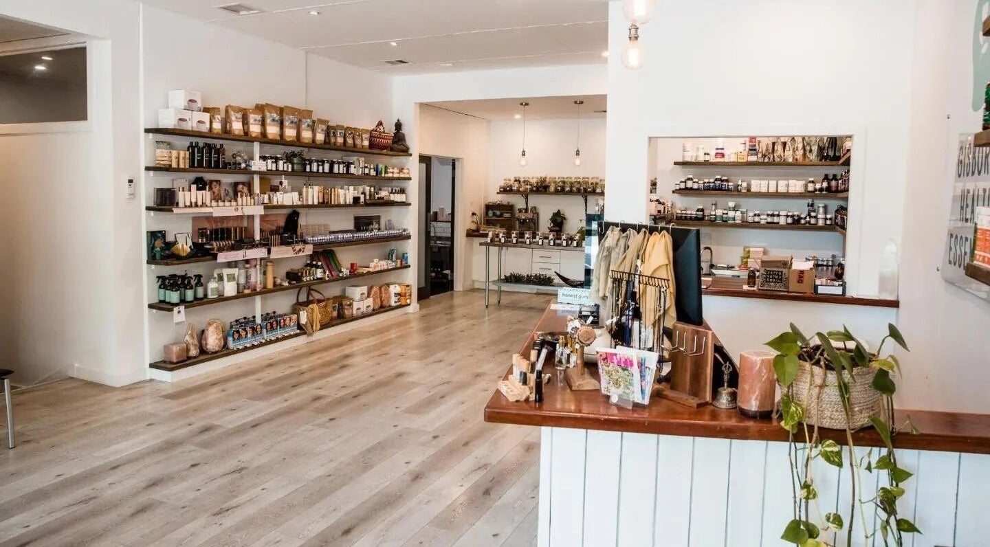 Bright interior of Gisborne Health Essentials, displaying health products on shelves in Gisborne, Victoria, AU.