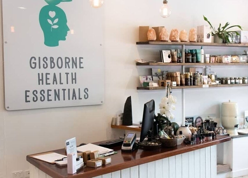 Reception area of Gisborne Health Essentials in Gisborne, Victoria, AU, showcasing health and wellness products.