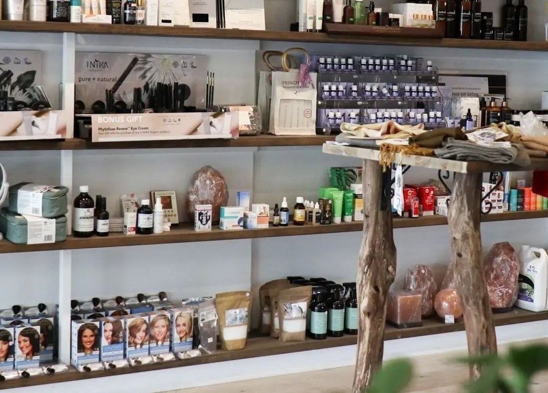 Shelves displaying beauty products at Gisborne Health Essentials in Gisborne, Victoria, AU.