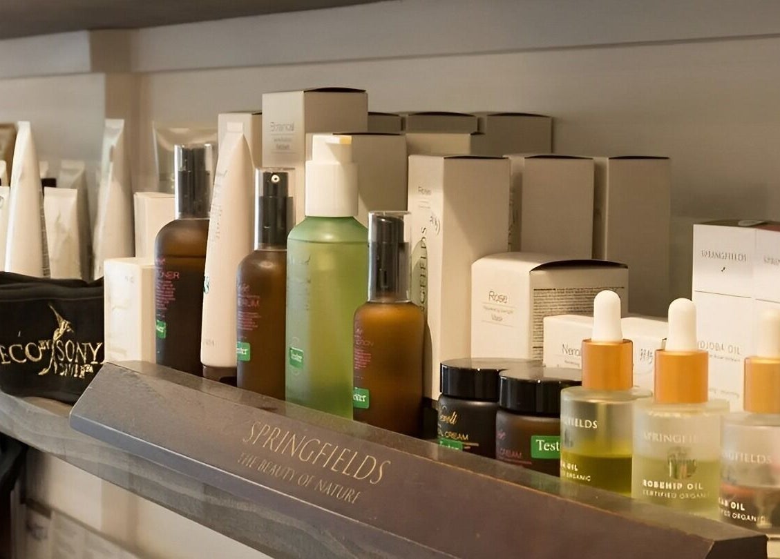 Shelves of skincare products at Gisborne Health Essentials, Gisborne, Victoria, AU, showcasing premium wellness.