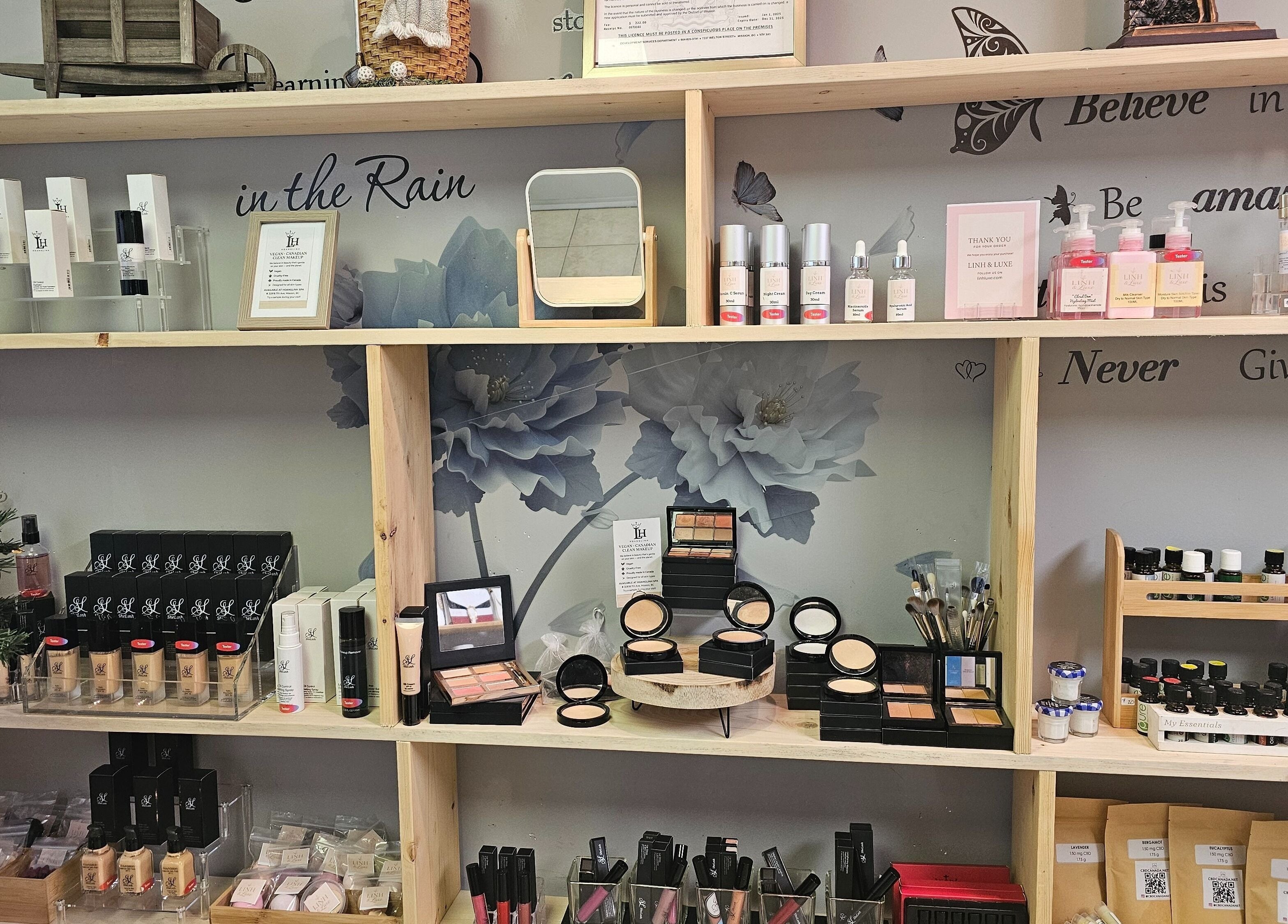 Elegant display of beauty products at HoangLinh Spa in Mission, British Columbia, CA, showcasing skincare and cosmetics.