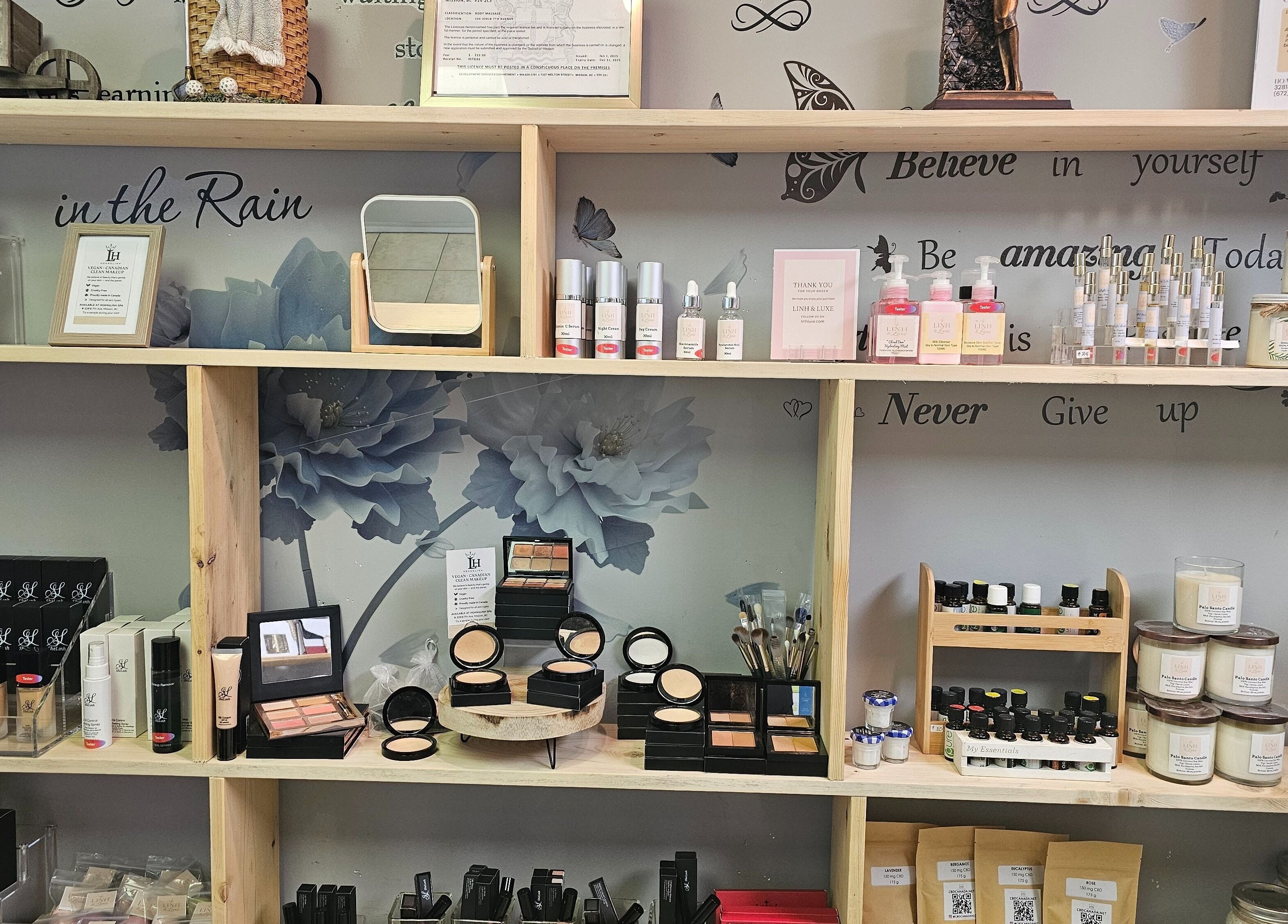 HoangLinh Spa product display of beauty essentials in Mission, British Columbia, CA for a rejuvenating experience.