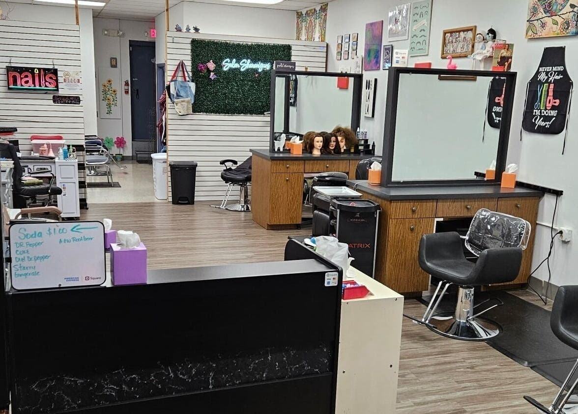 Interior of Salon Shenanigans LLC with styling stations in St. Louis, Missouri, US.