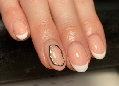 French manicure with black outline nail art at Rebecca Davies Beauty | CASH ONLY | Kenfig Hill, Wales, GB.