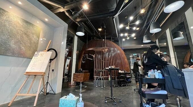 Modern interior of Vsalon in Vancouver, British Columbia, CA, showcasing unique chair design and hairstylist at work.