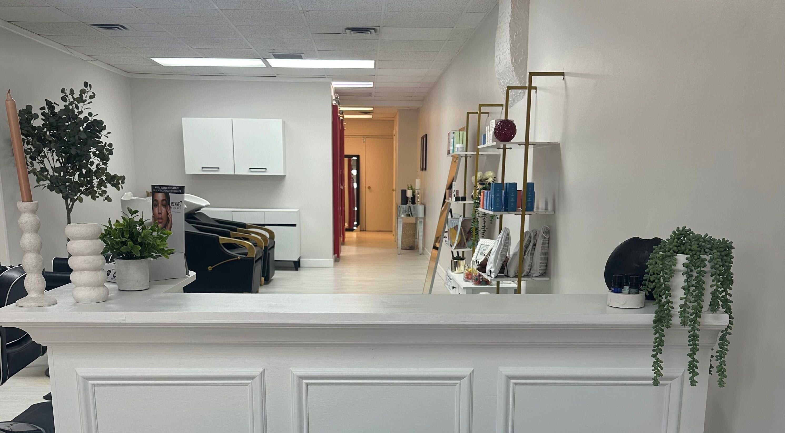 Relaxing lobby of Red Door Esthetics in Leduc, Alberta, CA with sleek design and greenery.