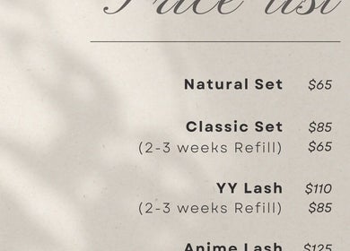 Price list for lash services at New York Freelance Salon, New York, New York, US.