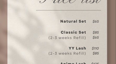 Price list for lash services at New York Freelance Salon, New York, New York, US.