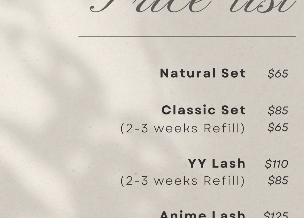 Eyelash service price list at New York - Freelance, New York, US, featuring various lash set options.