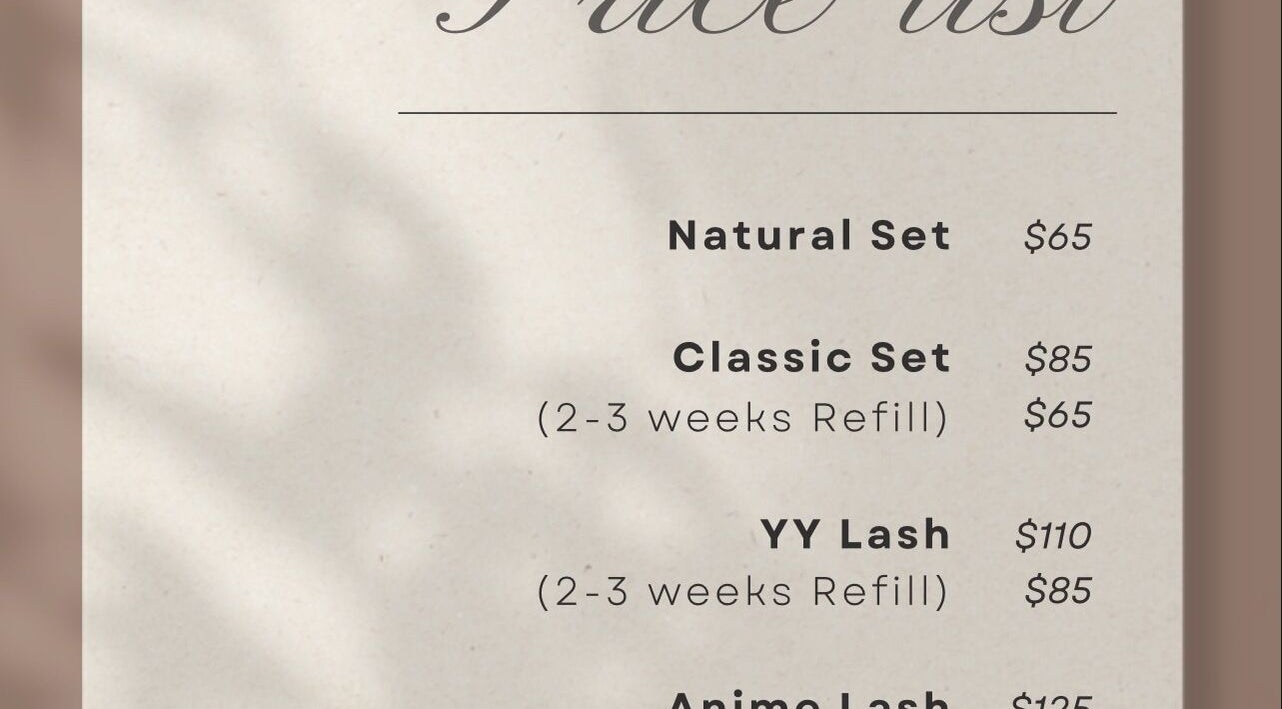 Eyelash service price list at New York - Freelance, New York, US, featuring various lash set options.