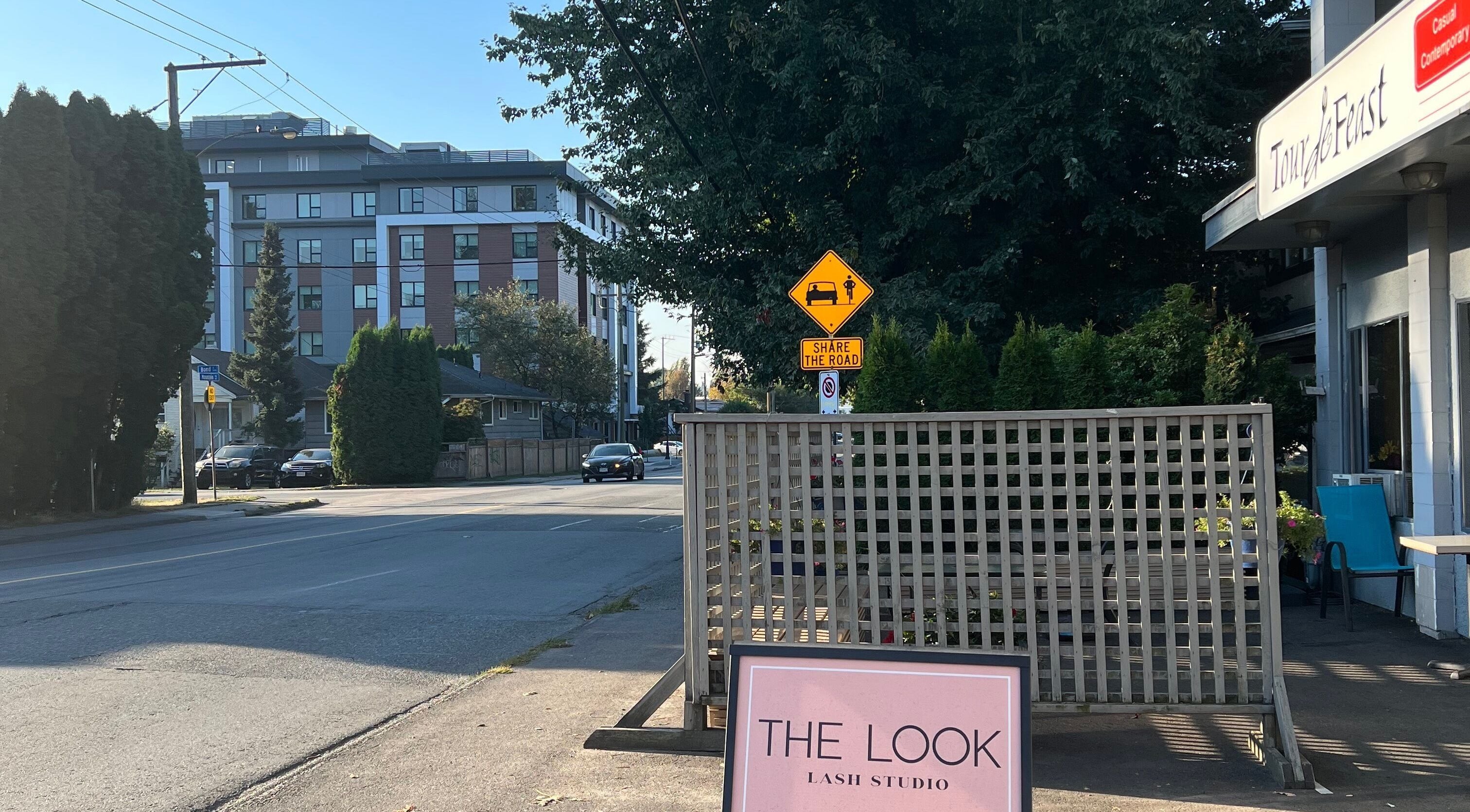 Street view of The Look Lash Studio in North Vancouver, British Columbia, CA, with vibrant signage.