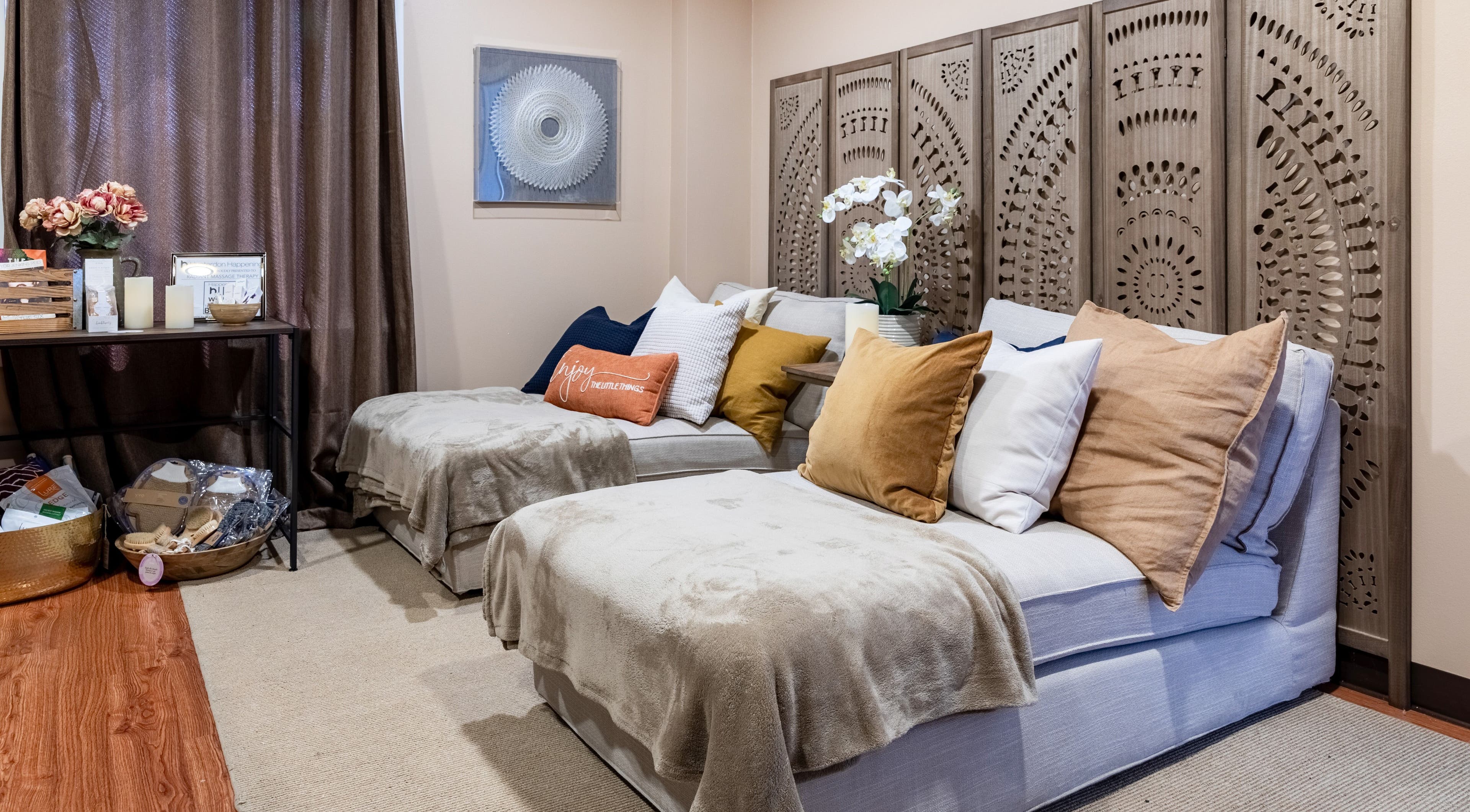 Tranquil massage room at Radiant Massage Therapy, Flemington, New Jersey, US, with cozy seating and decor.