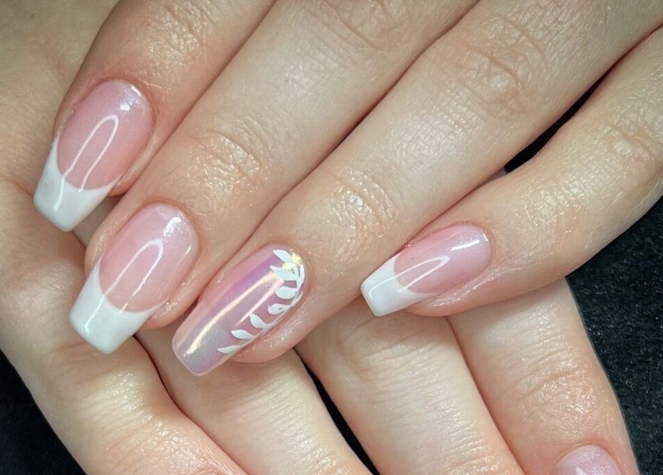 Elegant French nails with leaf design at Got Nails, Harlow, England, GB.