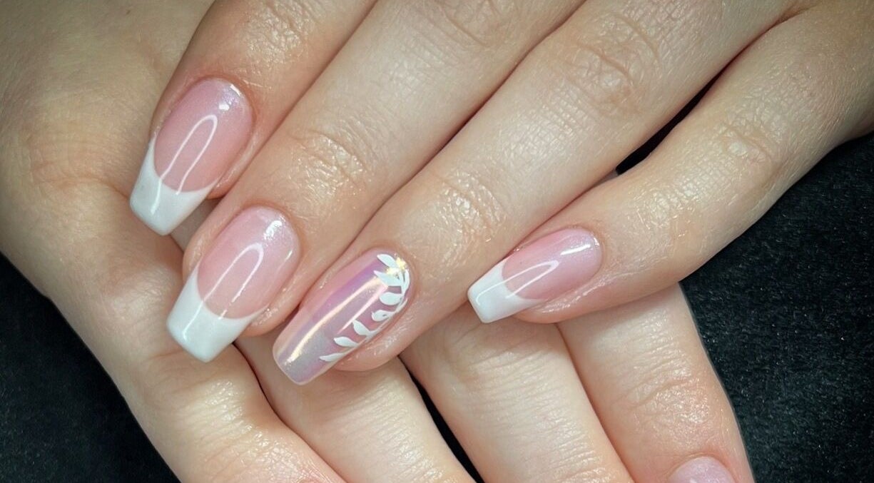 Elegant French nails with leaf design at Got Nails, Harlow, England, GB.