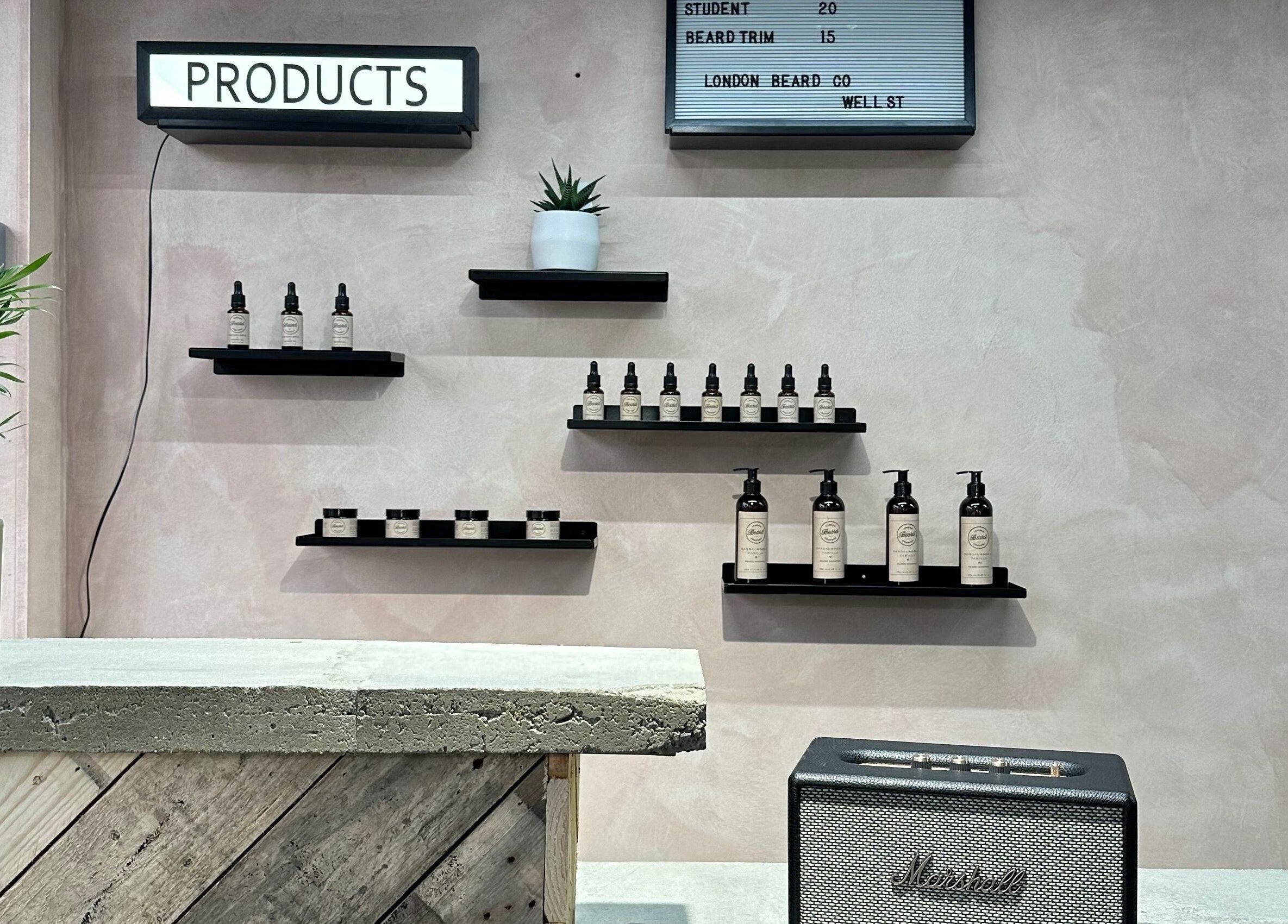 Interior product display at London Beard Co Barbershop Hackney, London, England, GB.