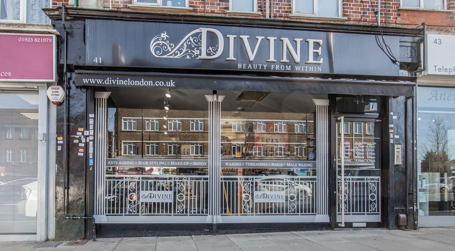 Front view of Divine London Clinic in Northwood, England, GB, showcasing beauty services.