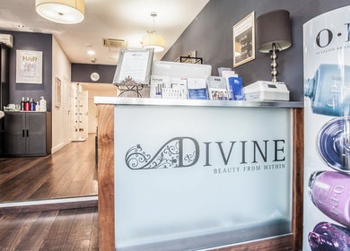 Divine London Clinic reception with modern decor in Northwood, England, GB. Welcoming beauty and wellness space.