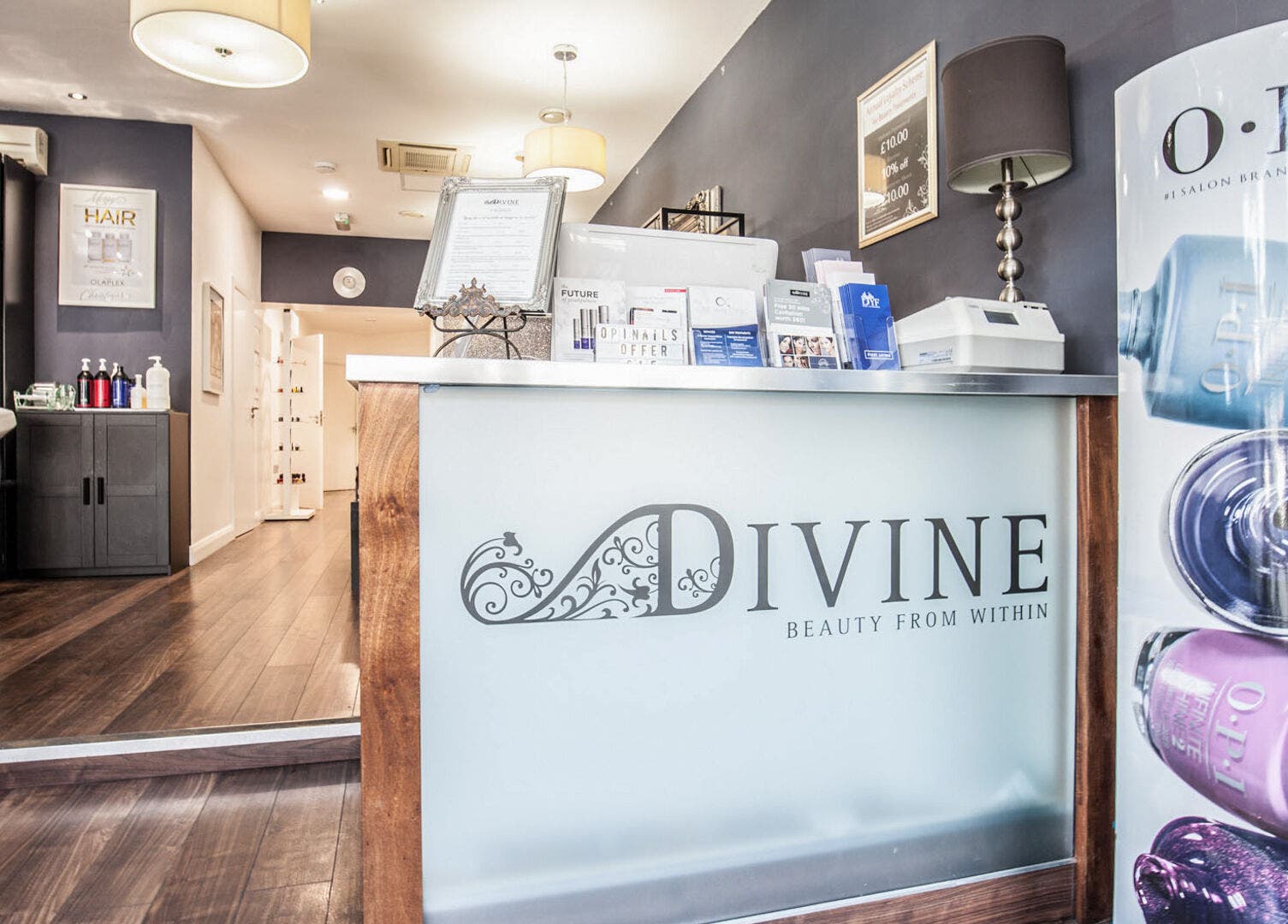 Divine London Clinic reception with modern decor in Northwood, England, GB. Welcoming beauty and wellness space.