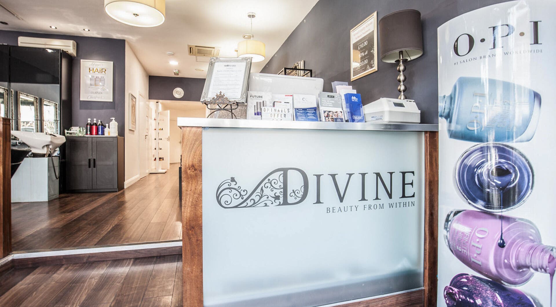 Divine London Clinic reception with modern decor in Northwood, England, GB. Welcoming beauty and wellness space.