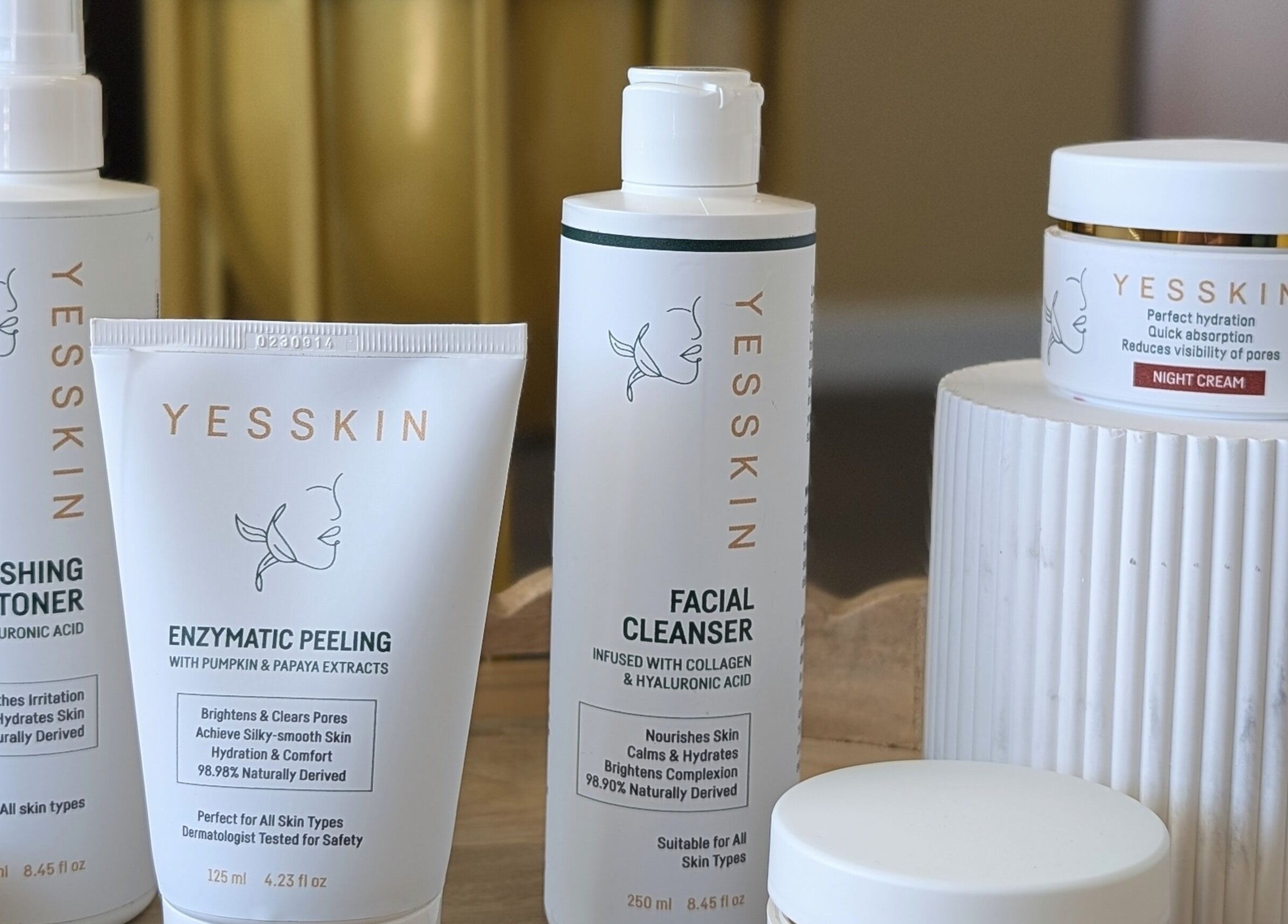 Yesskin Skin Care products displayed in Tarpon Springs, Florida, US, highlighting facial toner and creams.