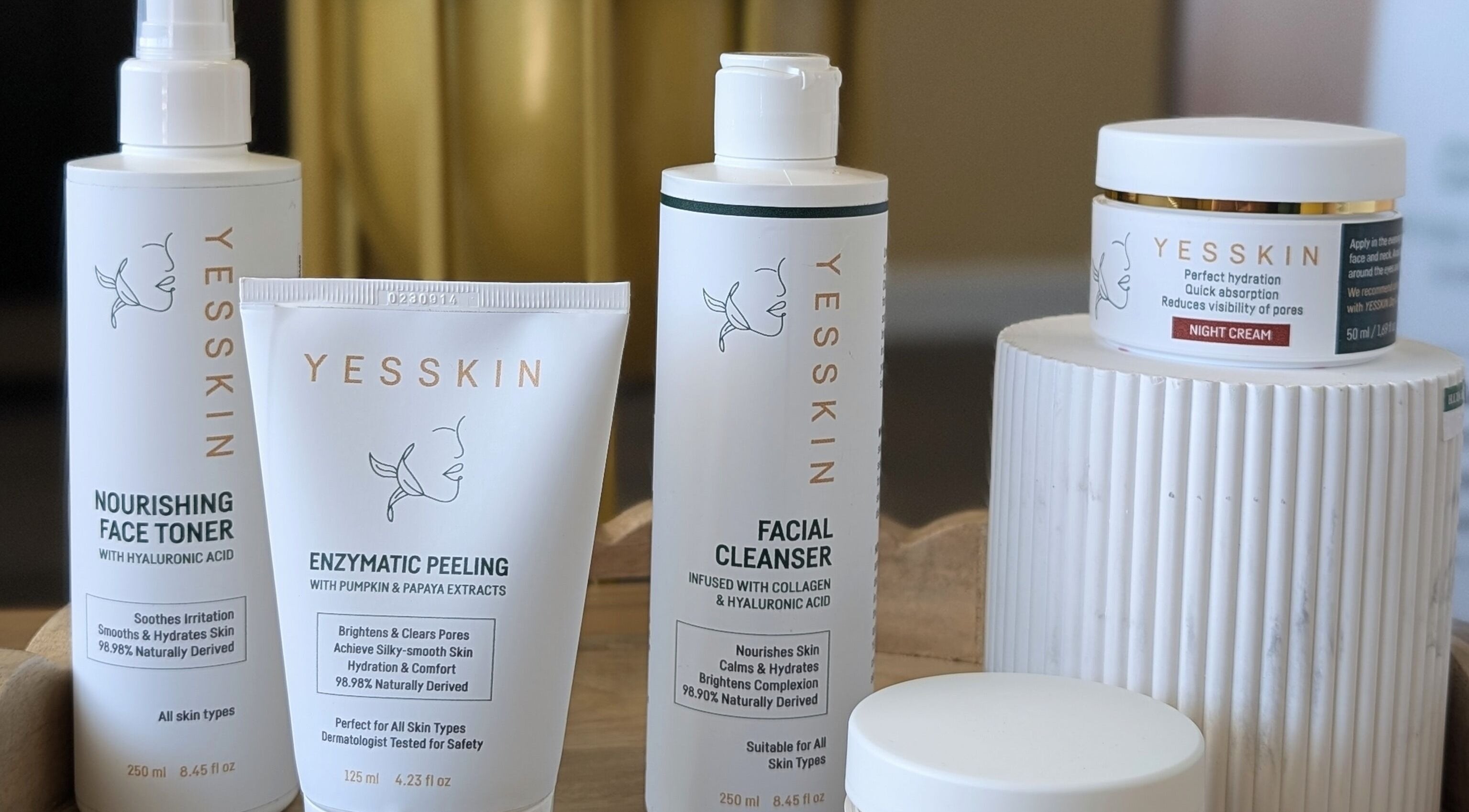 Yesskin Skin Care products displayed in Tarpon Springs, Florida, US, highlighting facial toner and creams.