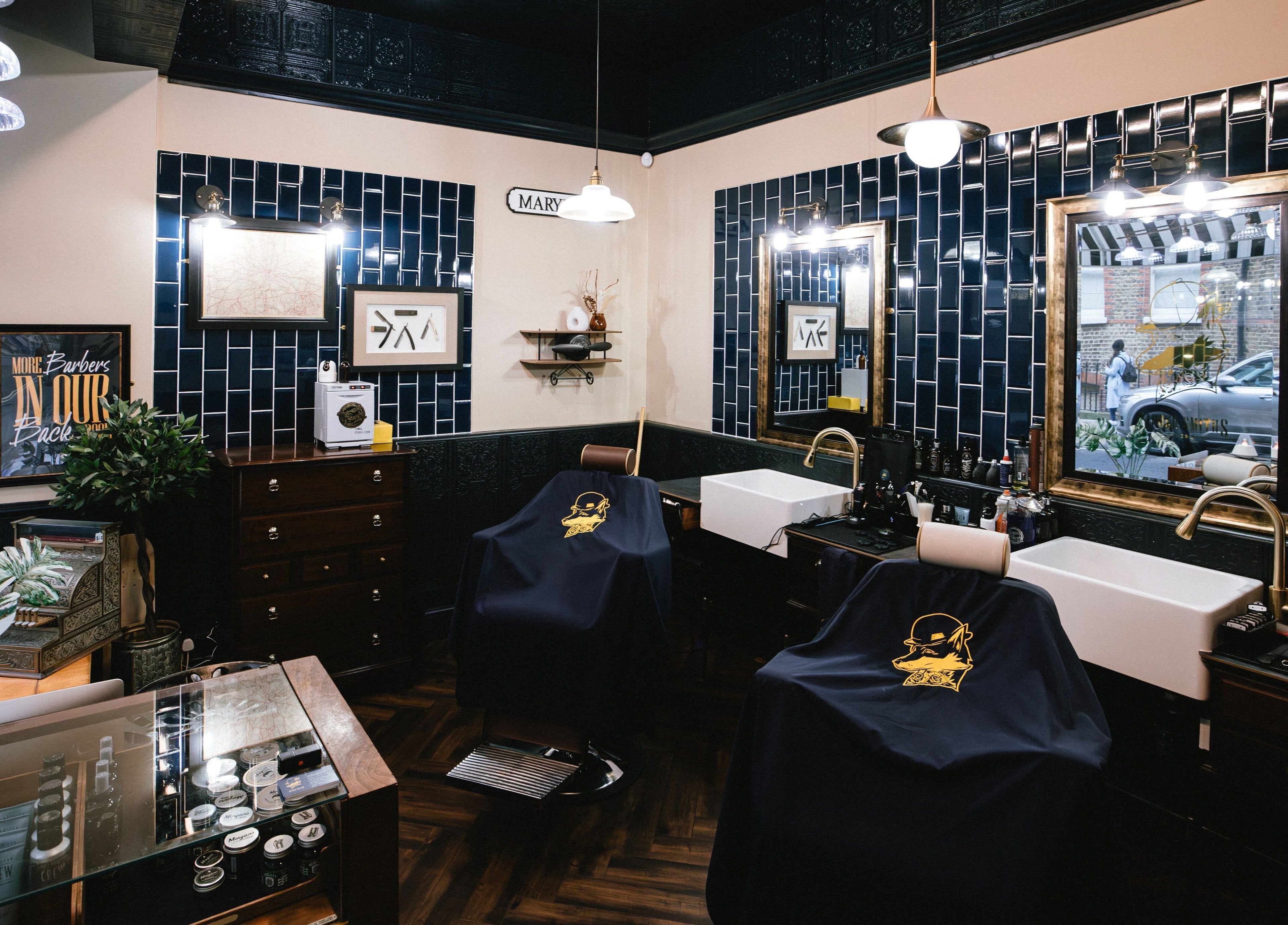 Elegant interior of Barber Smiths Marylebone in London, England, GB featuring vintage decor and grooming stations.