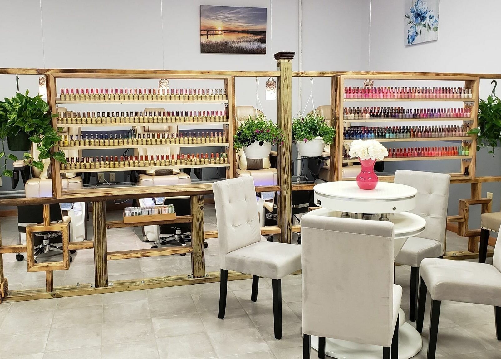 Relaxing interior of Baraboo Nail Spa in Baraboo, Wisconsin, US with plush chairs and extensive polish selection.
