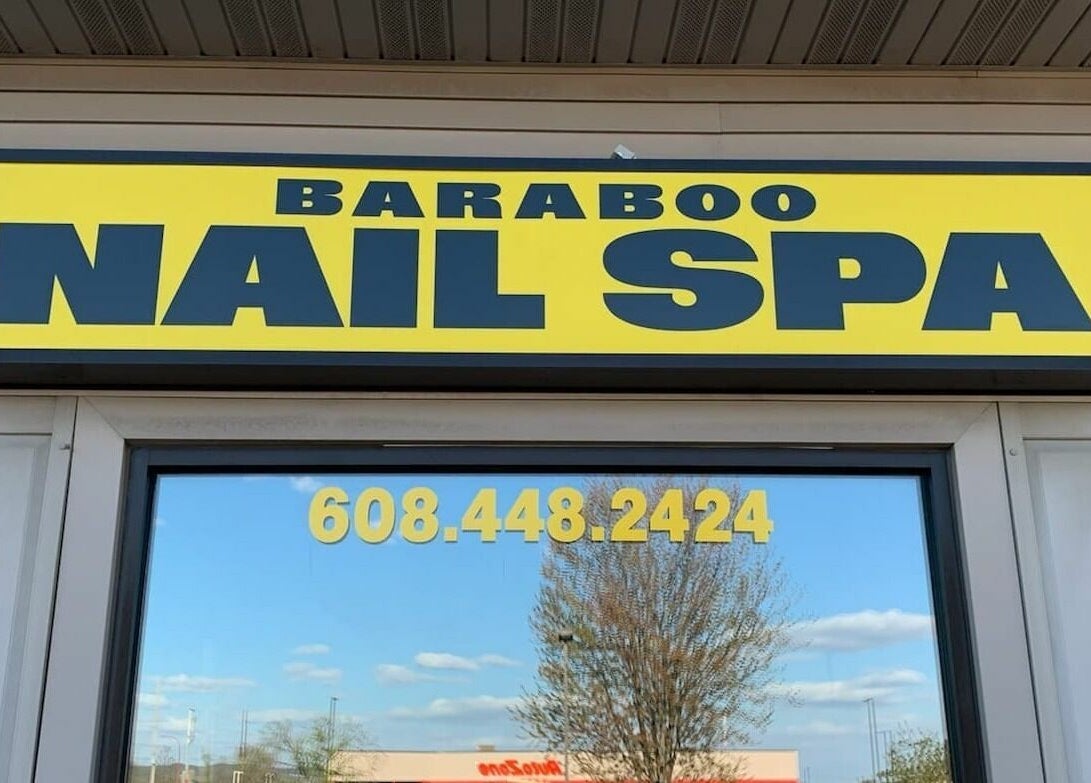 Front entrance sign of Baraboo Nail Spa in Baraboo, Wisconsin, US, showcasing the business name prominently.