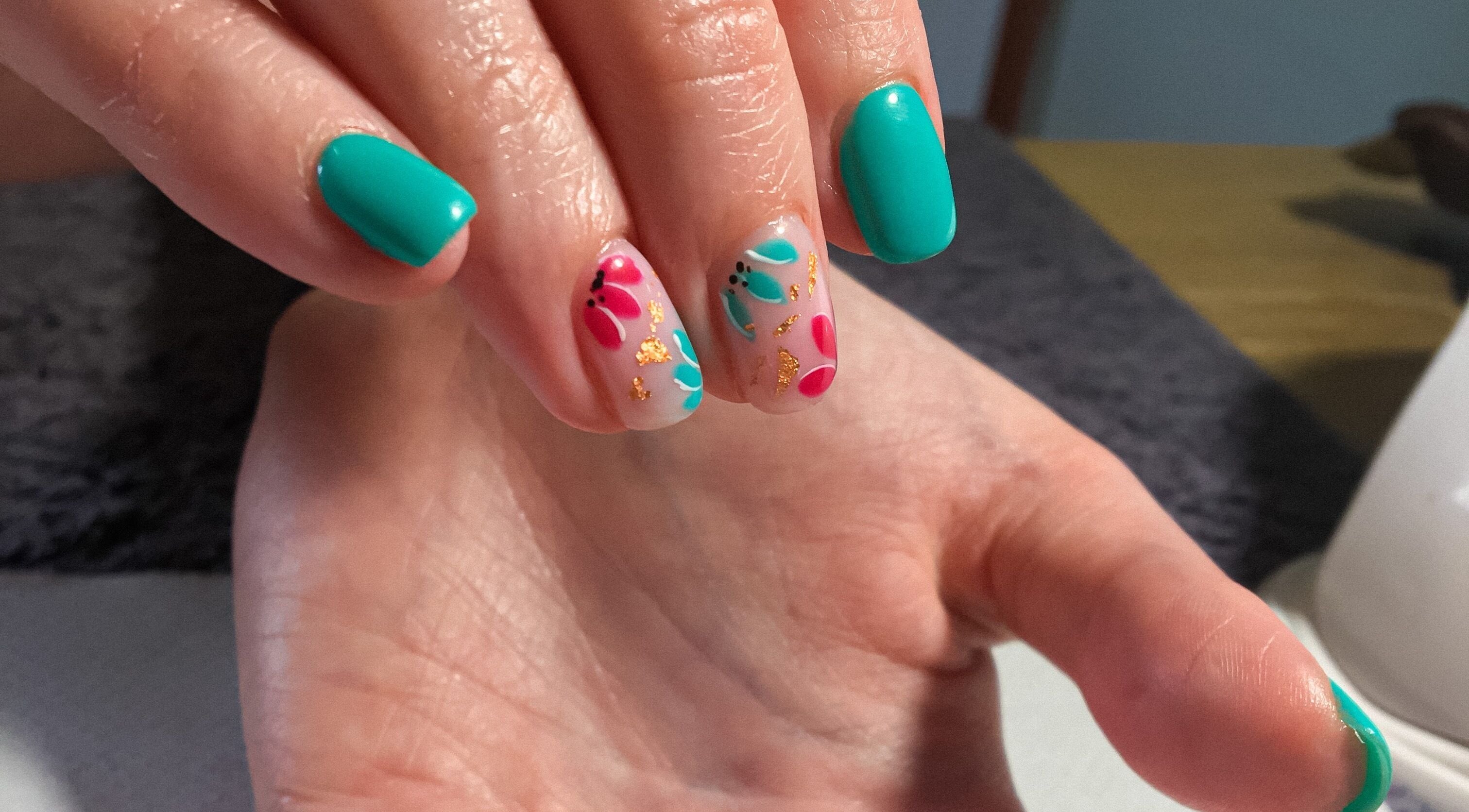 Vibrant floral nail art at Gilded by Natalie, Pietermaritzburg, Kwazulu-natal, ZA.