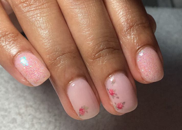 Elegant pink glitter nails with rose art at Gilded by Natalie, Pietermaritzburg, Kwazulu-natal, ZA.