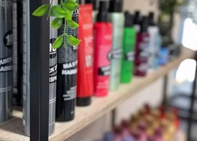 Variety of hair products on display at The Hair Exchange, Blunham, England, GB.