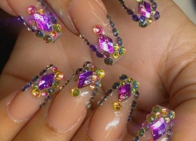 Intricate gemstone nail art at Alluring Nails by Tammy, New Providence, BS.
