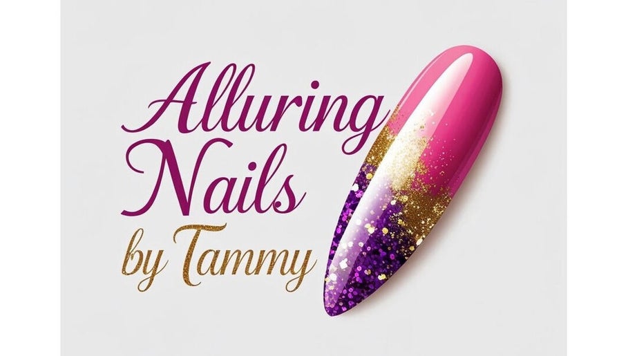 Elegant nail art design at Alluring Nails by Tammy, New Providence, BS. Purple and gold glamour.