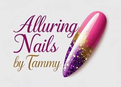 Elegant nail art design at Alluring Nails by Tammy, New Providence, BS. Purple and gold glamour.