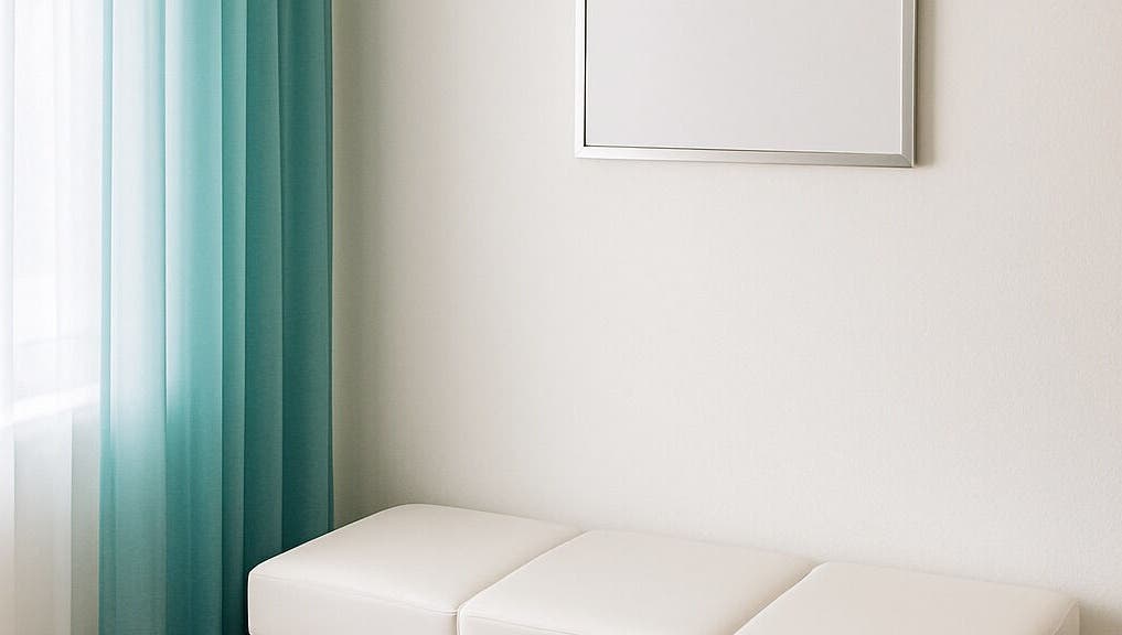 Elegant waiting area at Alluring Nails by Tammy in New Providence, BS, with teal curtains and a white bench.