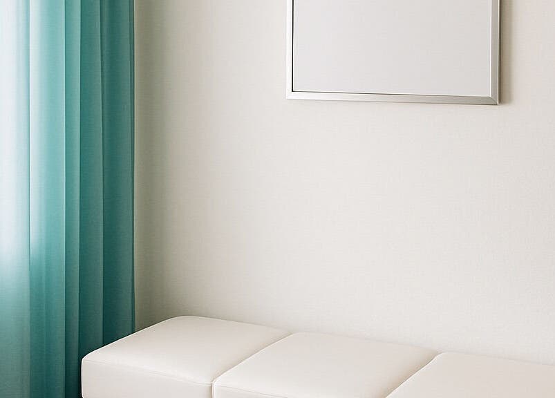 Elegant waiting area at Alluring Nails by Tammy in New Providence, BS, with teal curtains and a white bench.