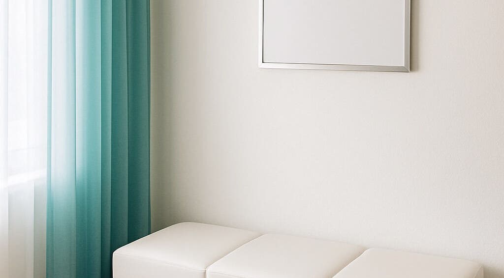 Elegant waiting area at Alluring Nails by Tammy in New Providence, BS, with teal curtains and a white bench.