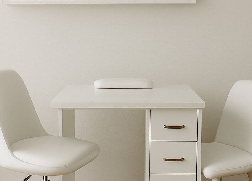 Elegant nail station at Alluring Nails by Tammy, New Providence, BS, with white chairs and desk.