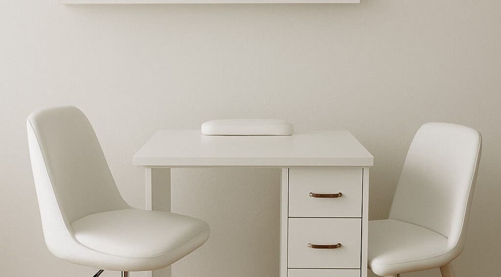 Elegant nail station at Alluring Nails by Tammy, New Providence, BS, with white chairs and desk.