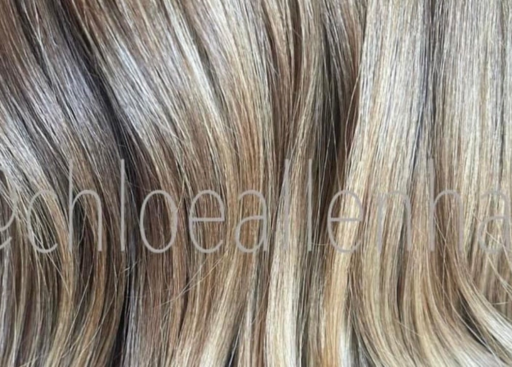 Close-up of blonde highlights at Chloe Allen Hair, Andover, England, GB.